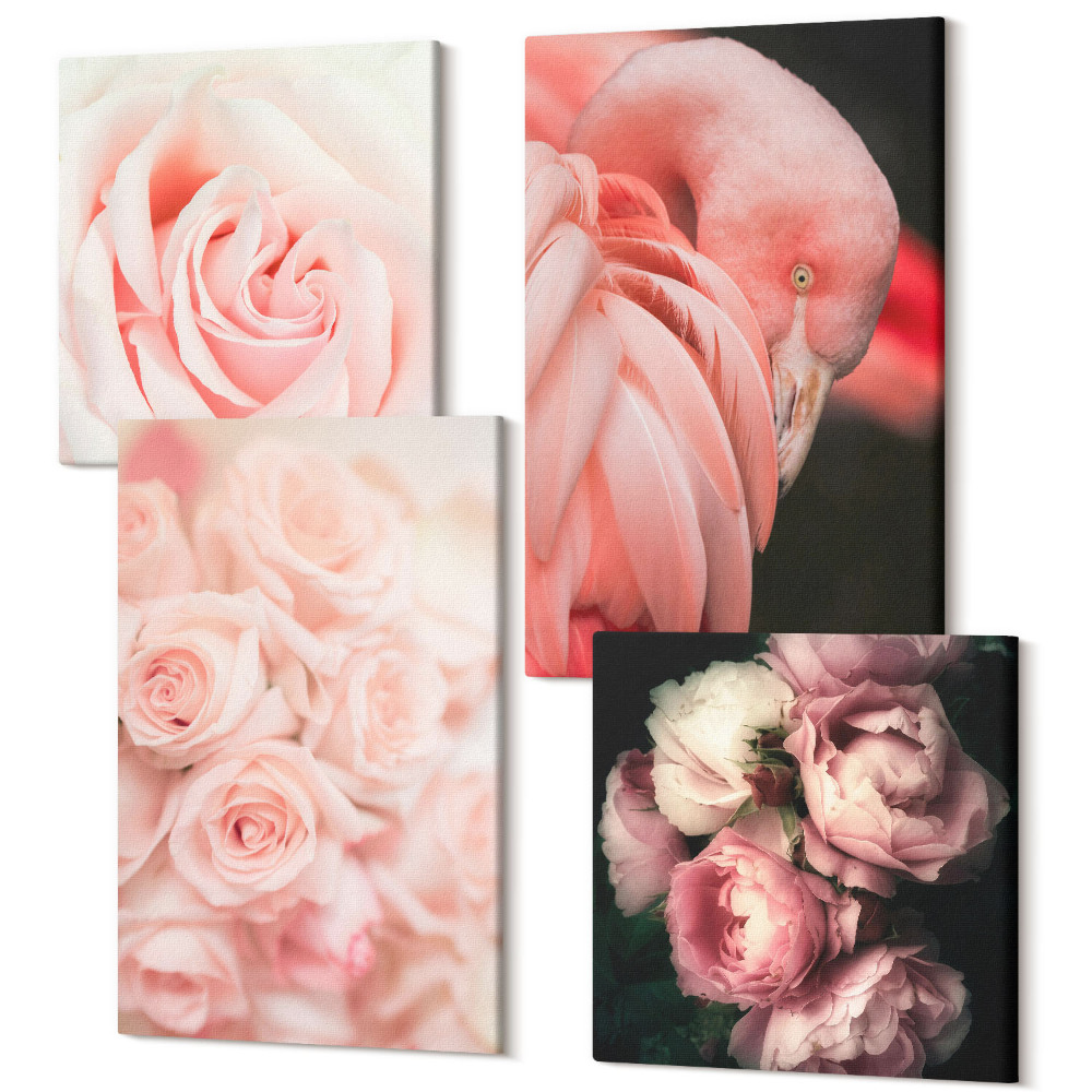 Sada obrazů na zeď kvadryptych Pastelově růžové a plameňáci v jemných odstínech