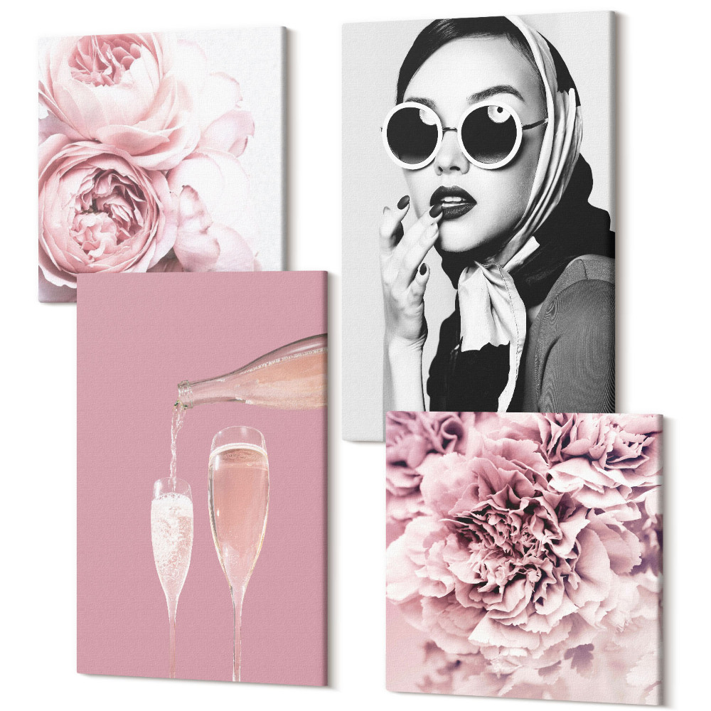 Sada obrazů kvadryptych Květiny pivoňky růže šampaňské a elegantní žena