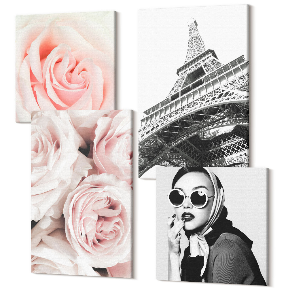 Sada obrazů na zeď kvadryptych Růže módní portrét ženy Eiffelova věž v Paříži