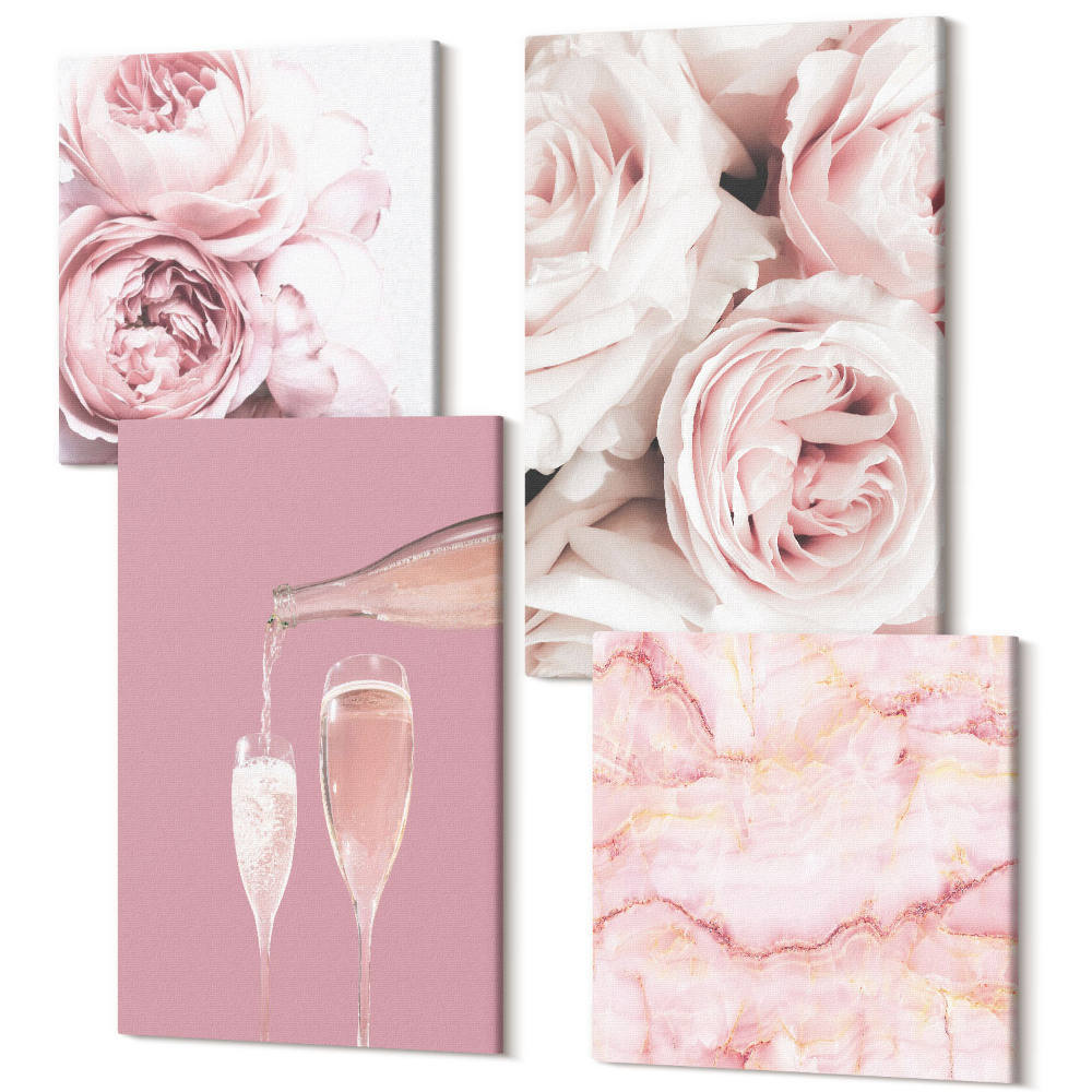 Sada 4 obrazů Šampaňské růže a pastelové mramorové pozadí