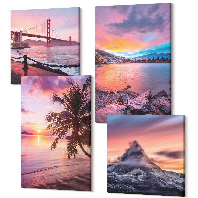 Sada obrazů kvadryptych Západy slunce nad mostem a vodní krajina