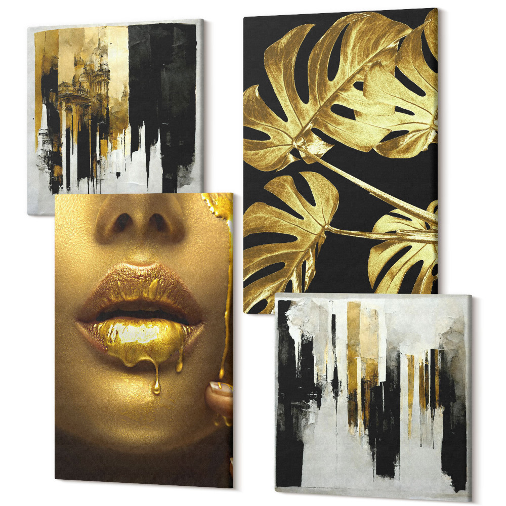 Sada obrazů na zeď kvadryptych Abstraktní obraz monstera listy, portrét ženy