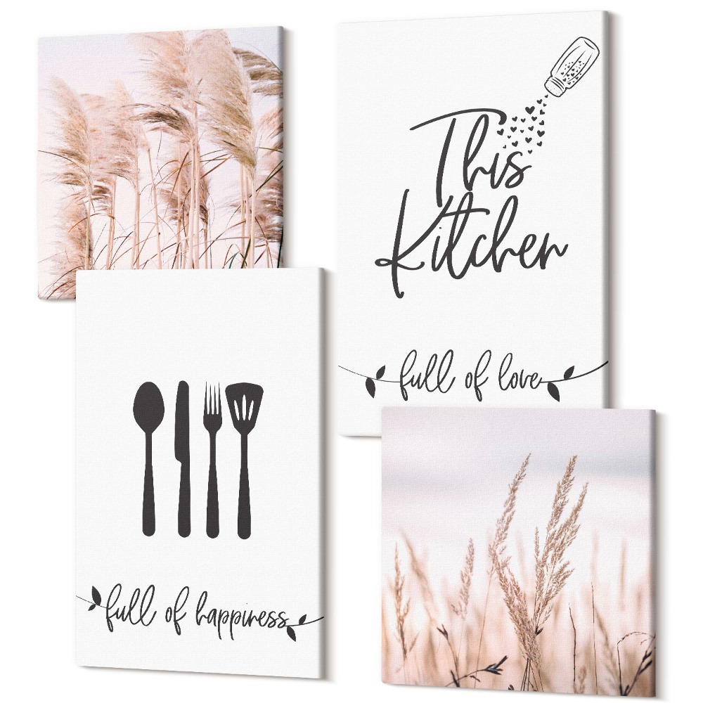 Sada 4 obrazů Kuchyňské nápisy jemná boho tráva