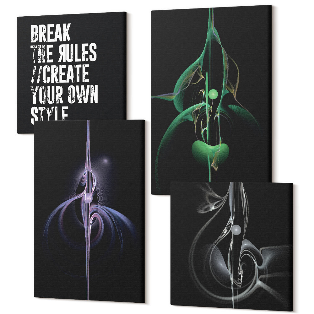 Sada obrazů na zeď kvadryptych Abstraktní vzory v černém nápisu