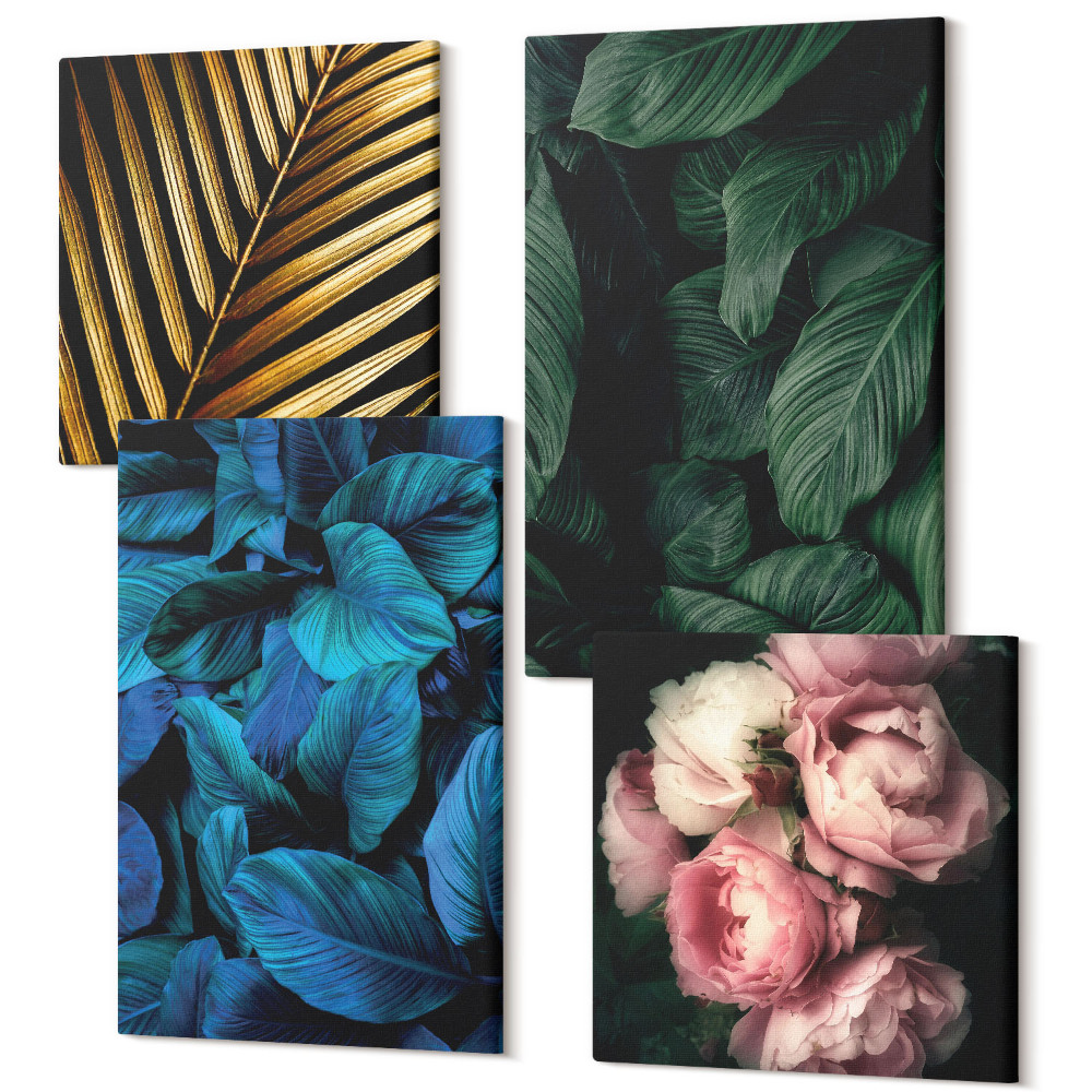 Sada 4 obrazů Listy a květy v různých barvách