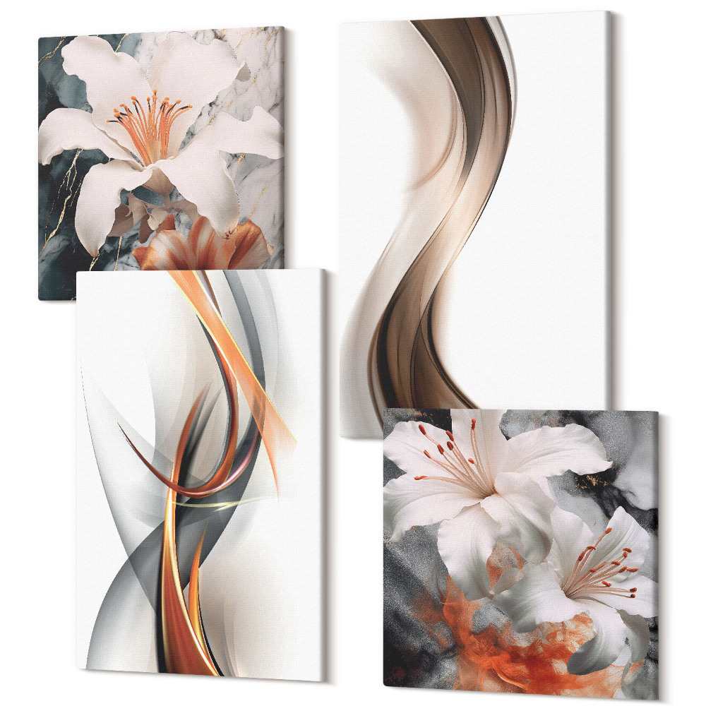 Sada obrazů na zeď kvadryptych Vlny v odstínech žluté, šedé a hnědé