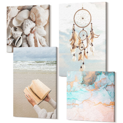 Sada obrazů na zeď kvadryptych Mušle na čtení knihy a boho lapač snů