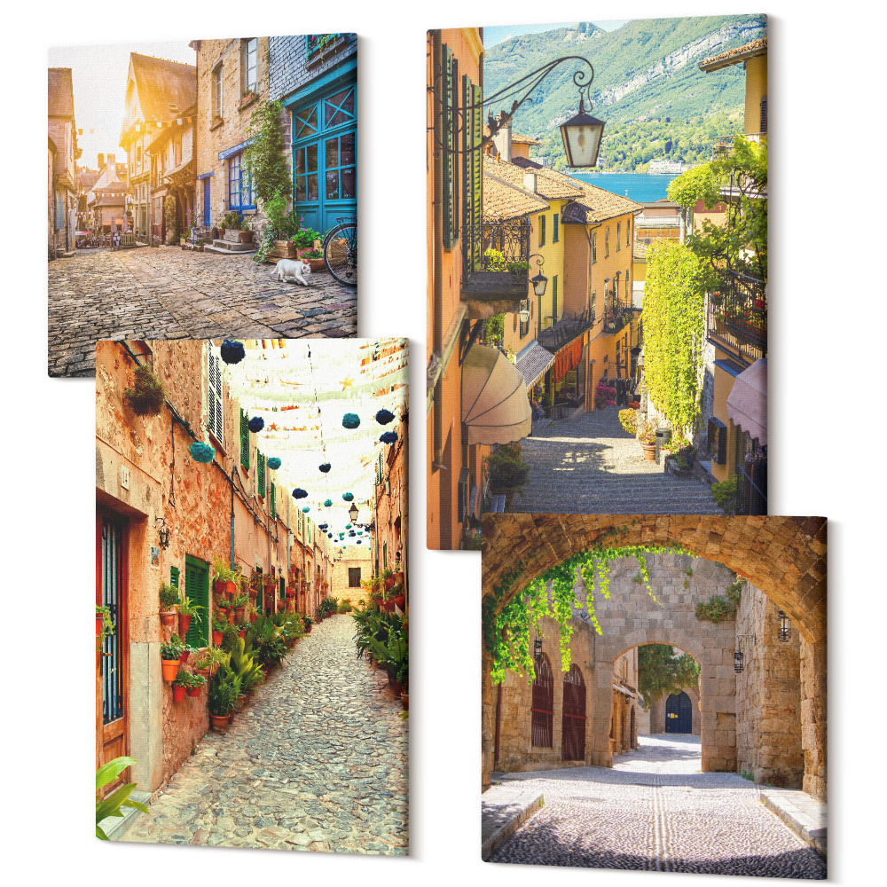 Sada 4 obrazů Okouzlující uličky s kamennými budovami a branami