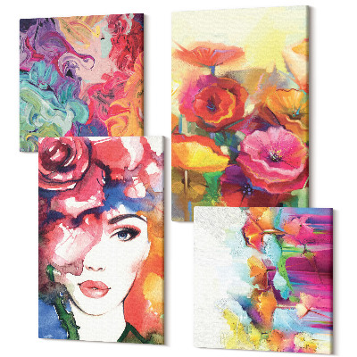 Sada 4 obrazů Květiny v intenzivních barvách, portrét ženy, abstrakt