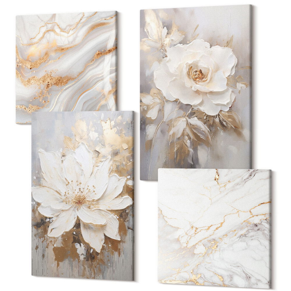 Sada obrazů kvadryptych Květiny a abstraktní mramorový vzor