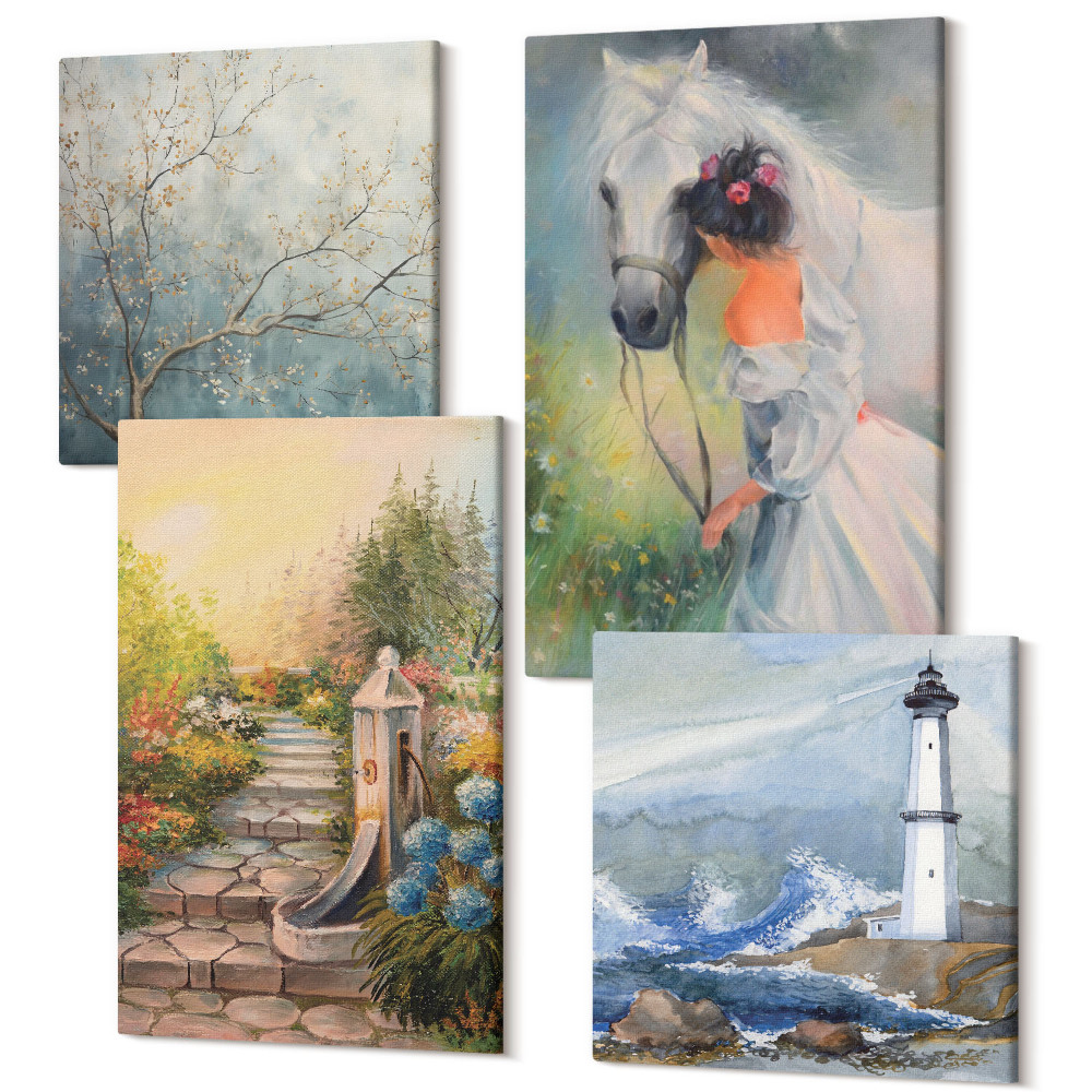 Sada 4 obrazů Přírodní scenérie maják a dívka s koněm