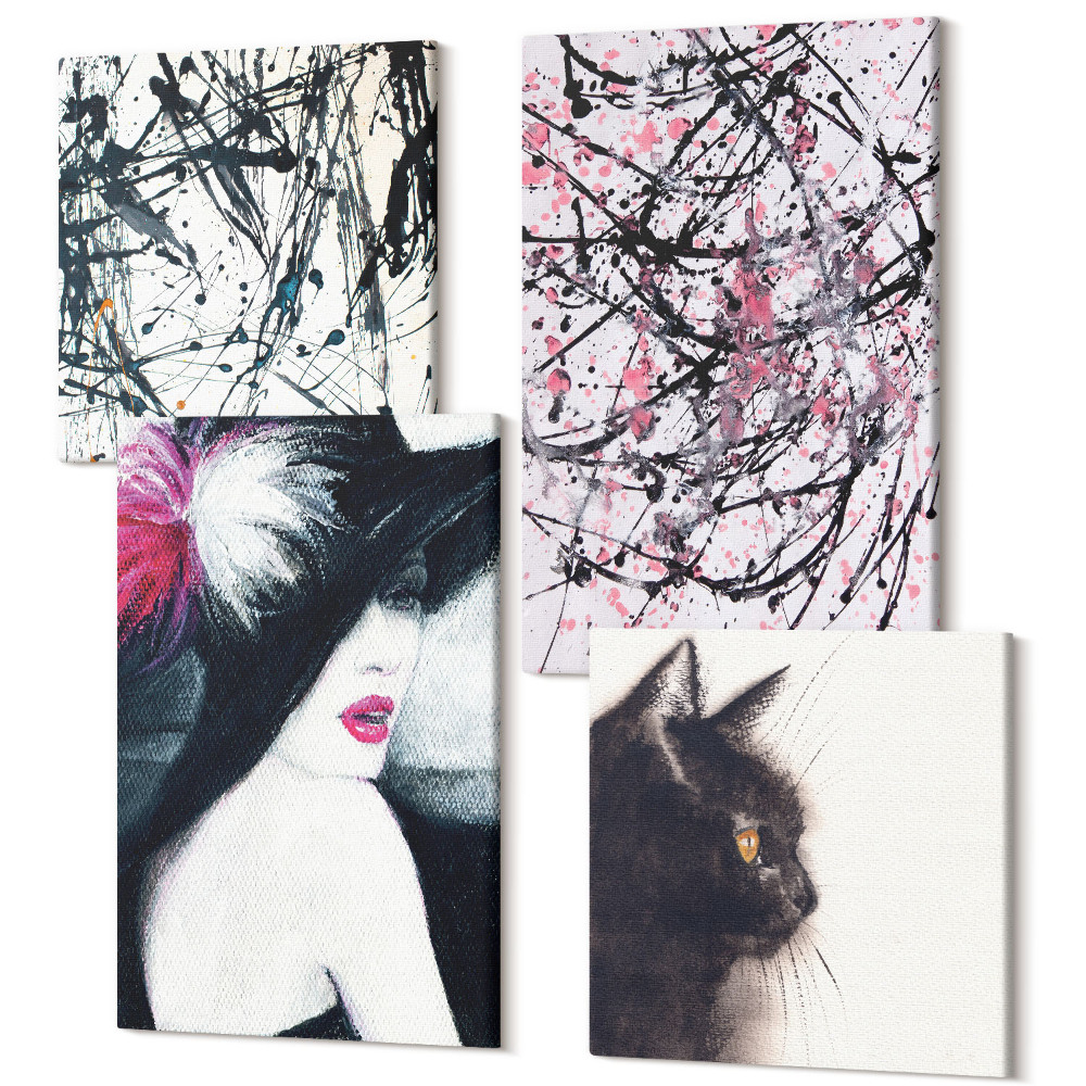 Sada obrazů na zeď kvadryptych Abstraktní malba vzory žena v klobouku kočka