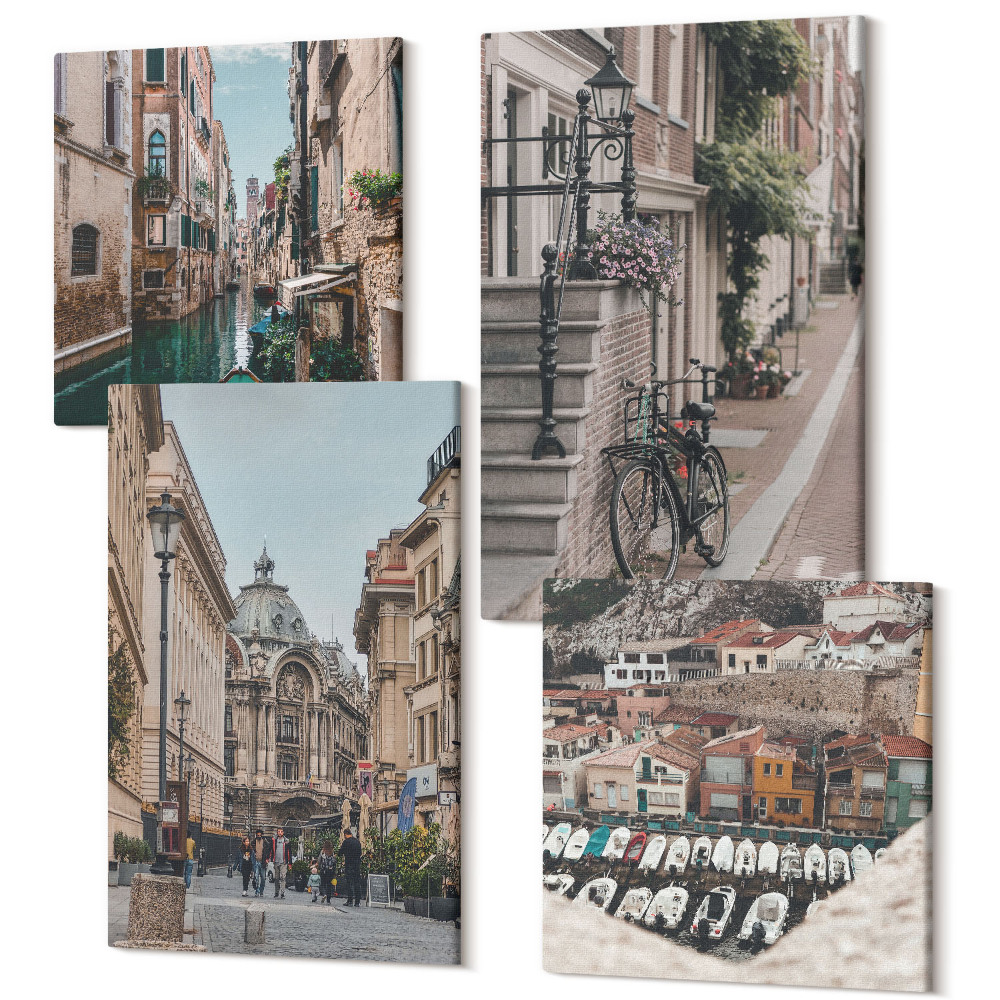 Sada obrazů kvadryptych Okouzlující městské uličky s výhledem na přístavy a budovy