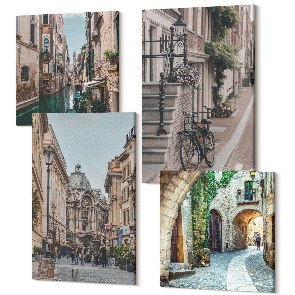 Sada obrazů kvadryptych Ulice benátského města s architekturou a vodou
