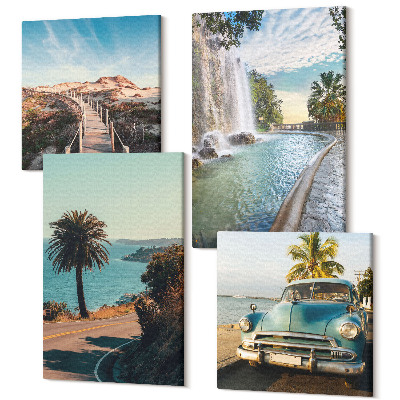 Sada 4 obrazů Prázdninové krajiny s palmami a vodopádem