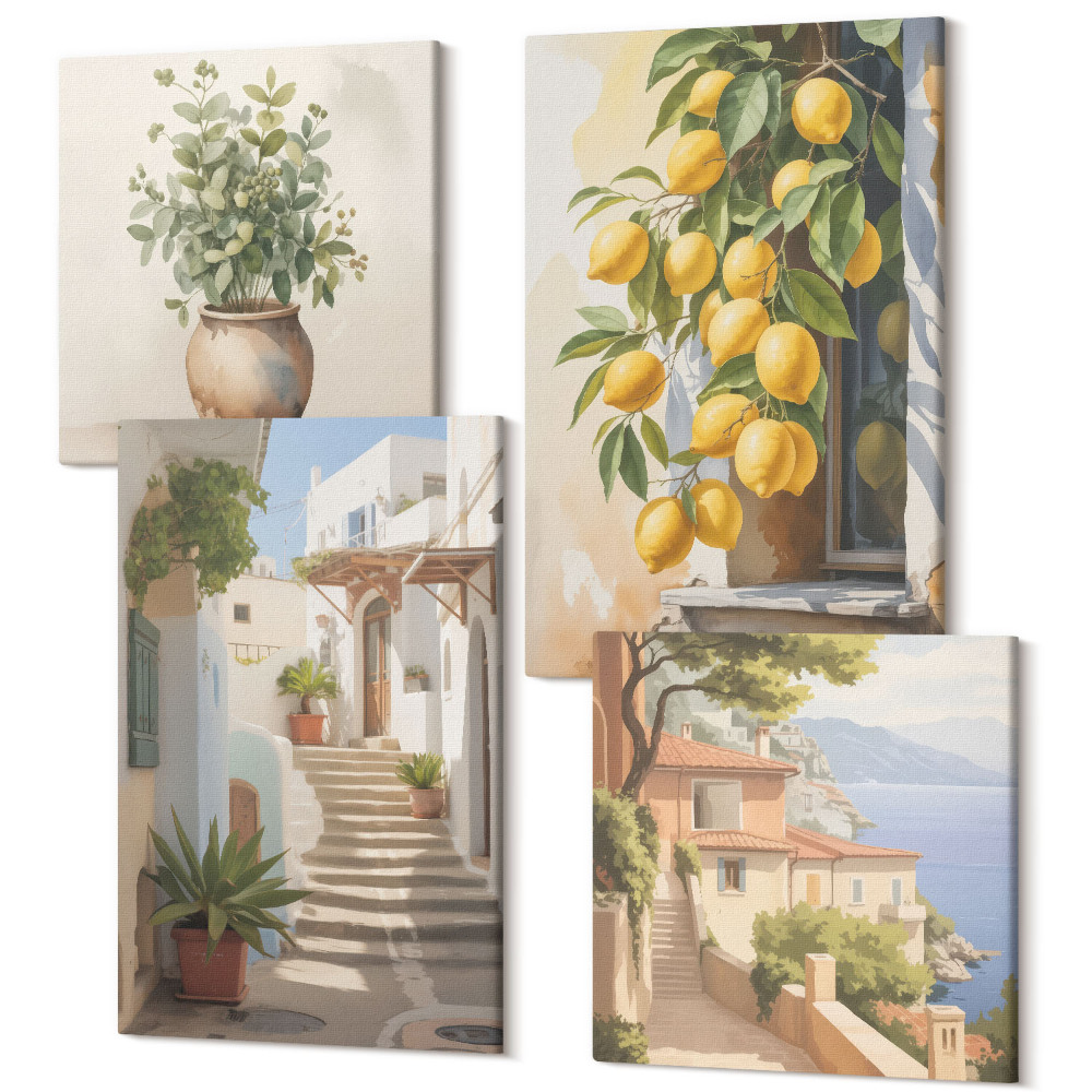 Sada obrazů kvadryptych Rostliny v květináčích a citrony na pozadí ulice