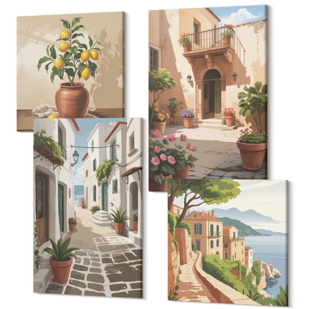 Sada obrazů na zeď kvadryptych Malebné uličky s domy a rostlinami v květináčích