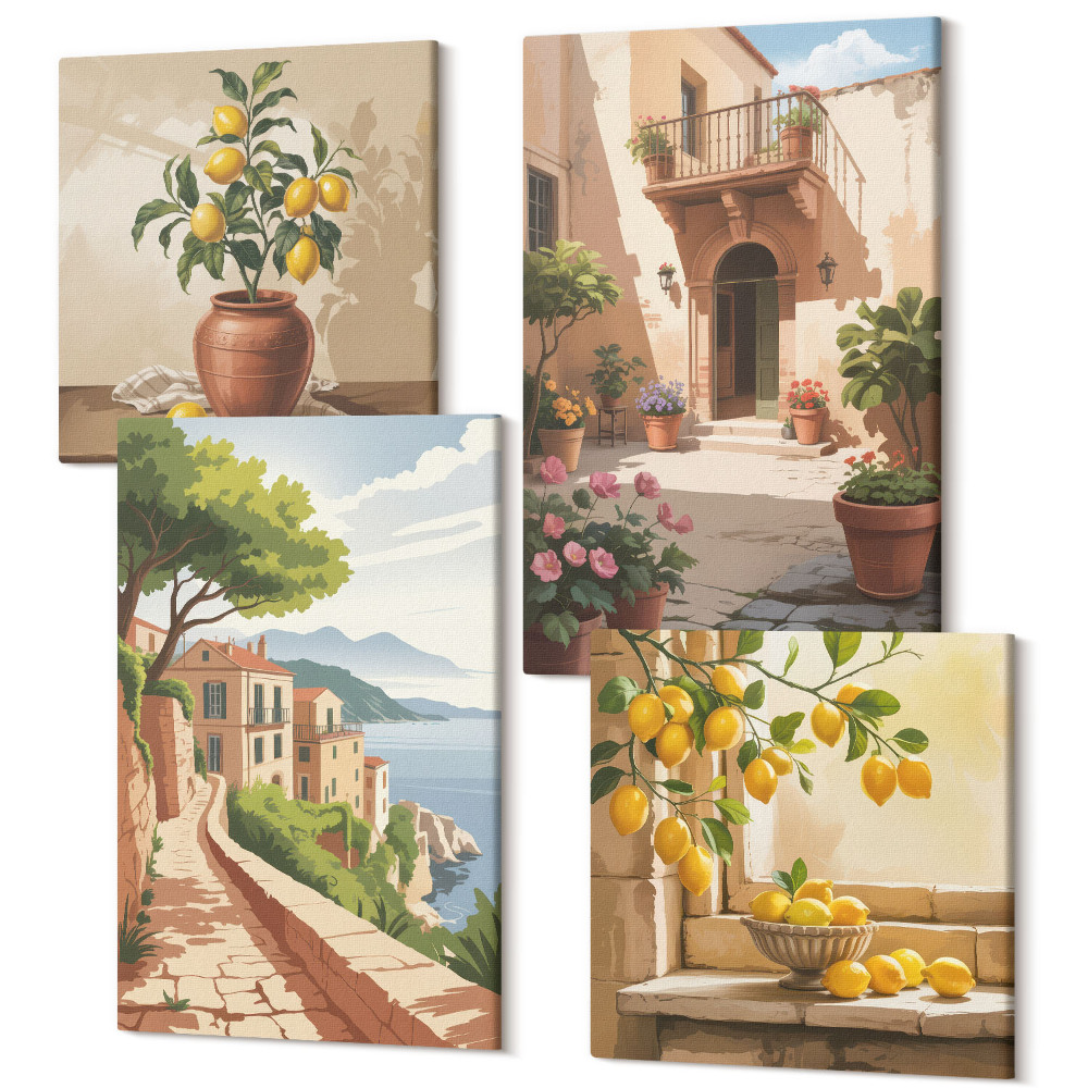 Sada obrazů kvadryptych Citrusové plody v kuchyni s výhledem na moře a okouzlující město