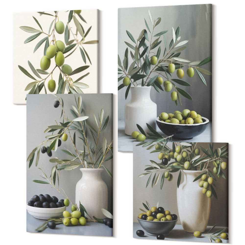 Sada obrazů na zeď kvadryptych Olivy ve vázách s větvemi na šedém pozadí