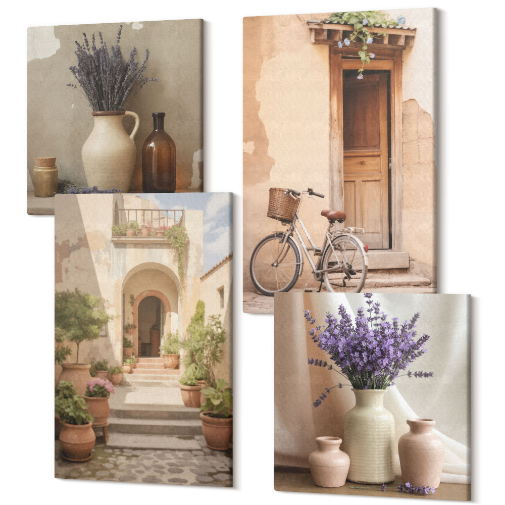 Sada 4 obrazů Květy levandule, olivy a italská architektura