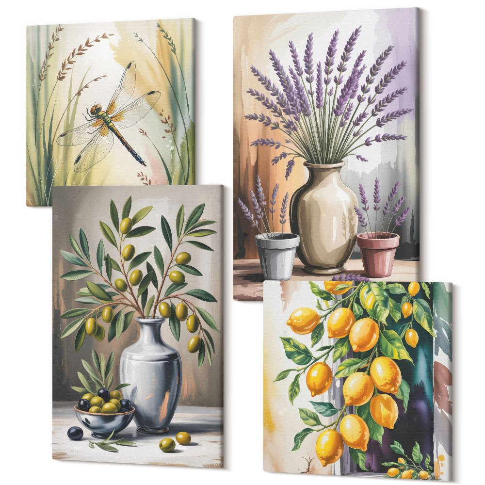 Sada obrazů kvadryptych Květiny a olivy ve vázách citronová příroda