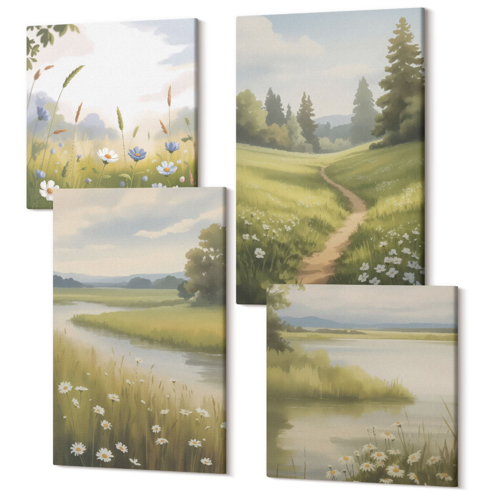 Sada obrazů na zeď kvadryptych Jarní krajina s řekou, cestou a květinovou loukou