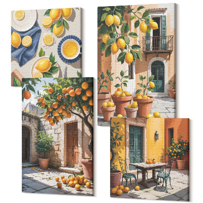 Sada 4 obrazů Citrusové plody ve slunném zahradním prostředí