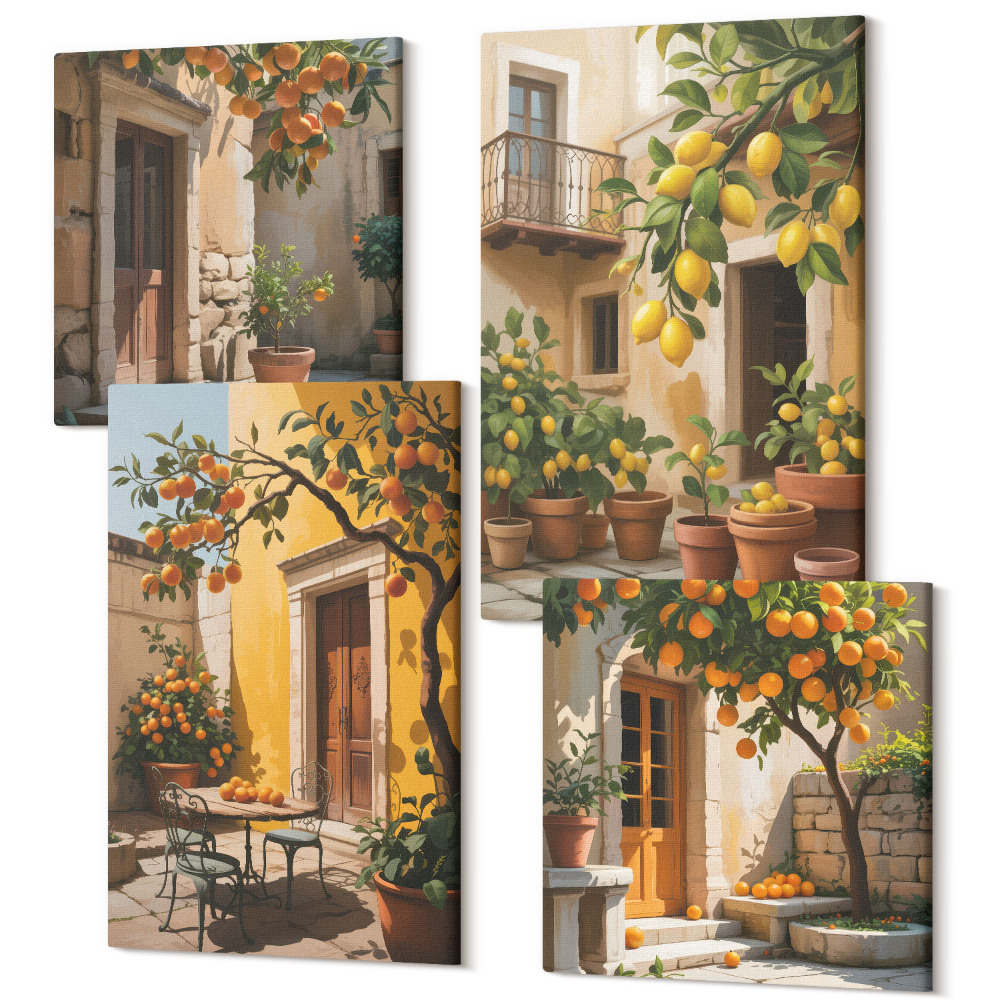Sada obrazů na zeď kvadryptych Citrusové plody na slunném dvoře s rostlinami