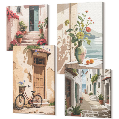 Sada obrazů kvadryptych Malované ulice s květinami a na kole