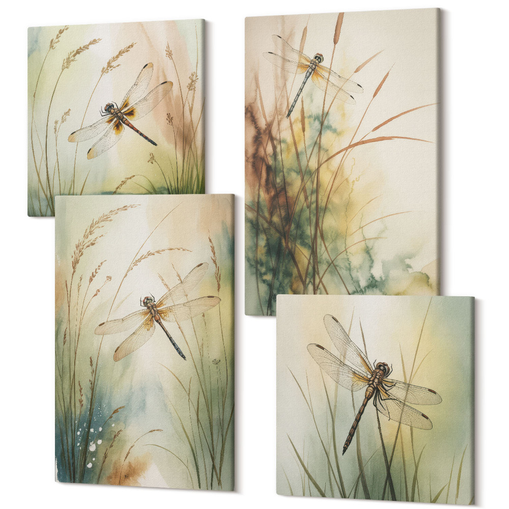Sada 4 obrazů Malované trávy s vážkami nad vodou