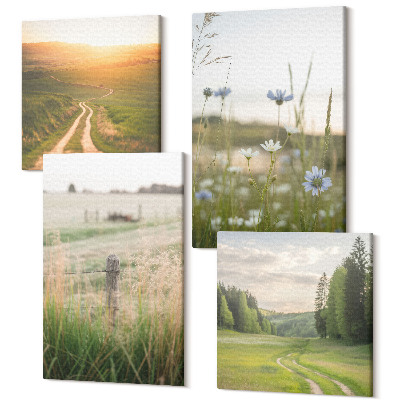 Sada 4 obrazů Přírodní krajiny s poli a cestou na slunci