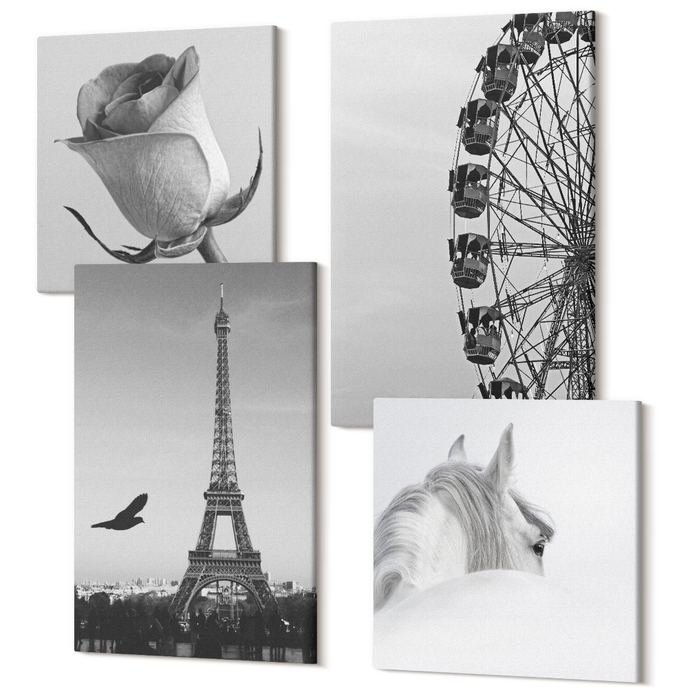 Sada 4 obrazů Rose Eiffel Tower Kůň ruské kolo monochromatický