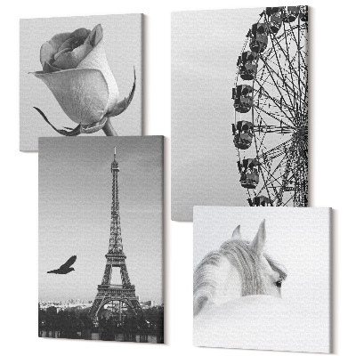 Sada 4 obrazů Rose Eiffel Tower Kůň ruské kolo monochromatický