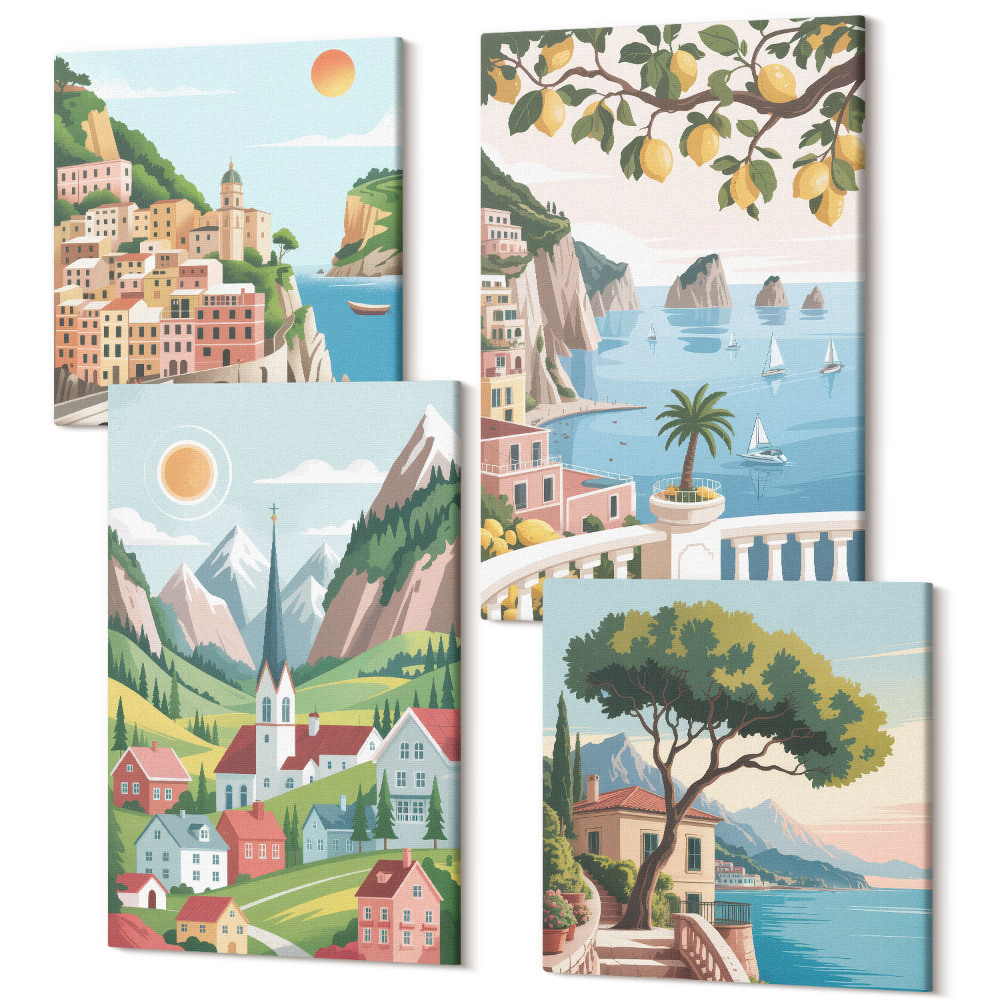 Sada obrazů na zeď kvadryptych Malebná krajina s mořem a citrusovými plody