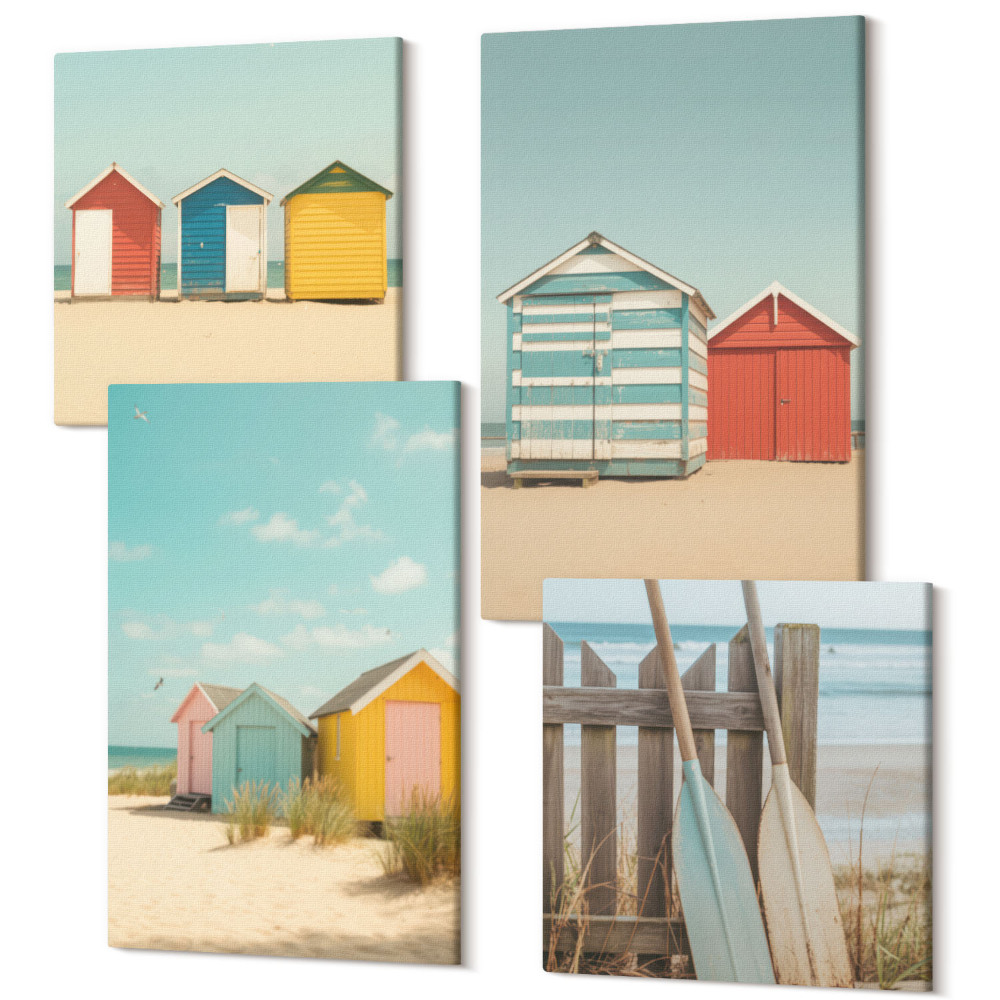 Sada obrazů na zeď kvadryptych Barevné plážové domy za slunečného dne