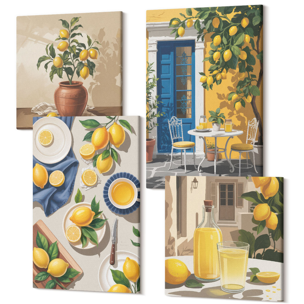 Sada obrazů kvadryptych Citronová zahrada s citrony a nápoje na stole
