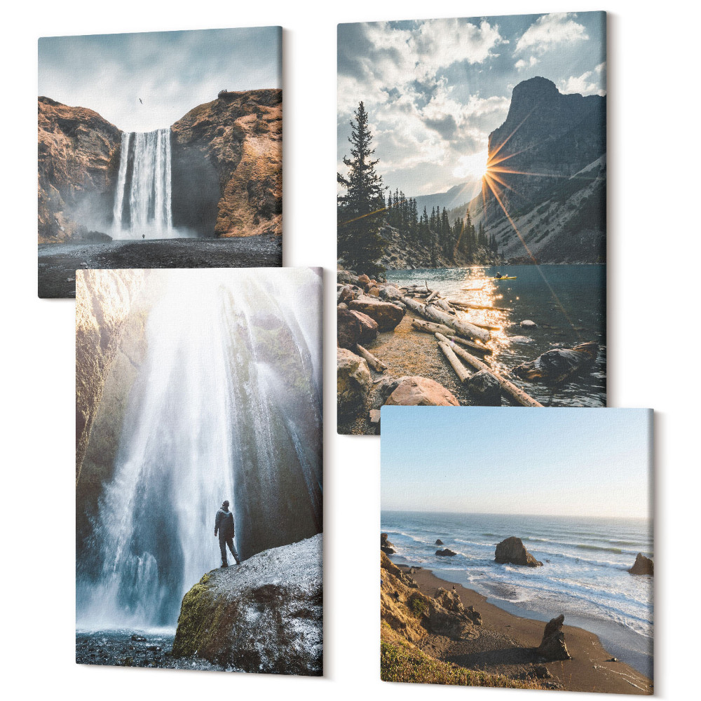 Sada obrazů na zeď kvadryptych Vodopády v horách s krásnou přírodní krajinou