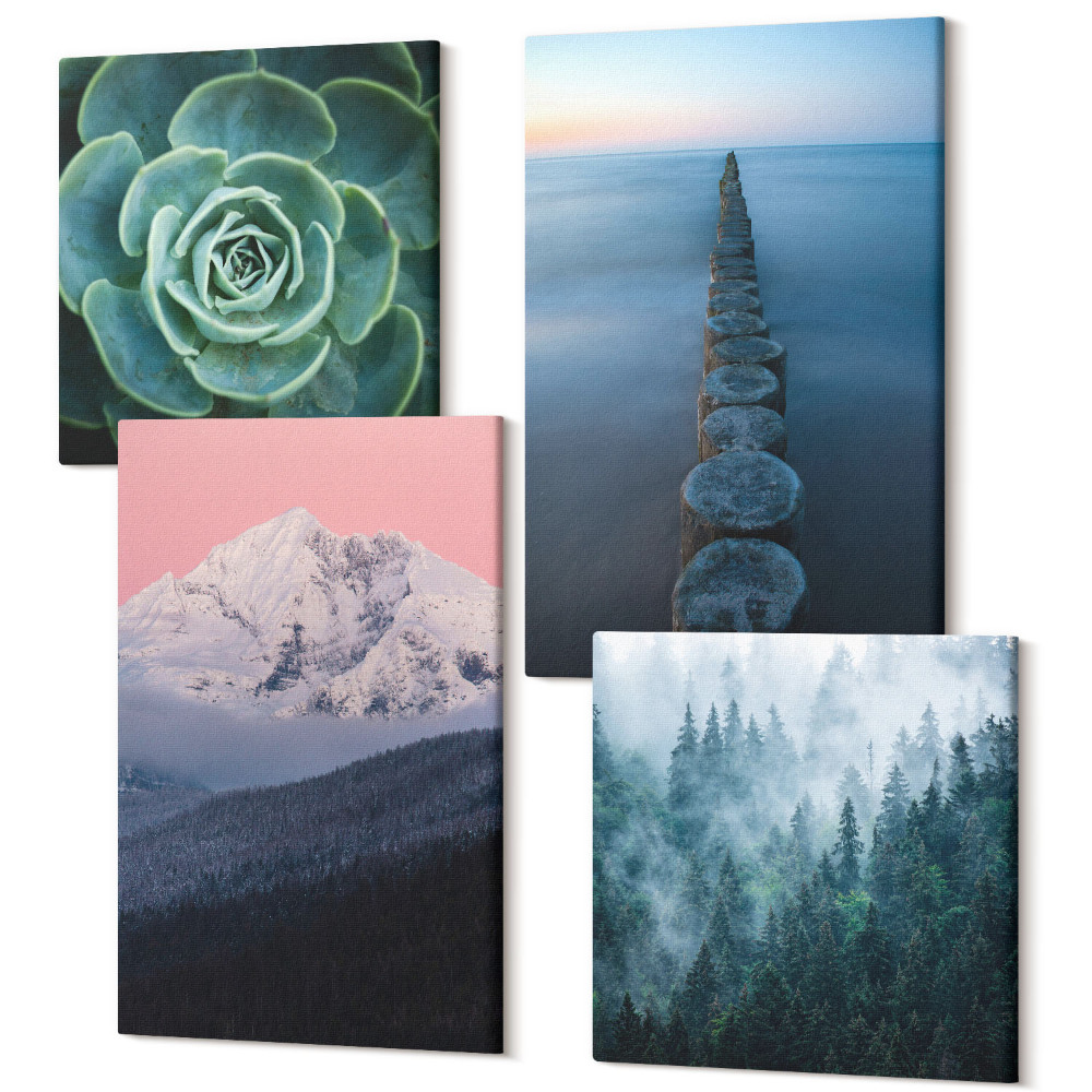 Sada 4 obrazů Hory s růžovou oblohou, vodou a zelenou sukulentní
