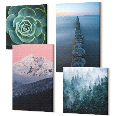 Sada 4 obrazů Hory s růžovou oblohou, vodou a zelenou sukulentní