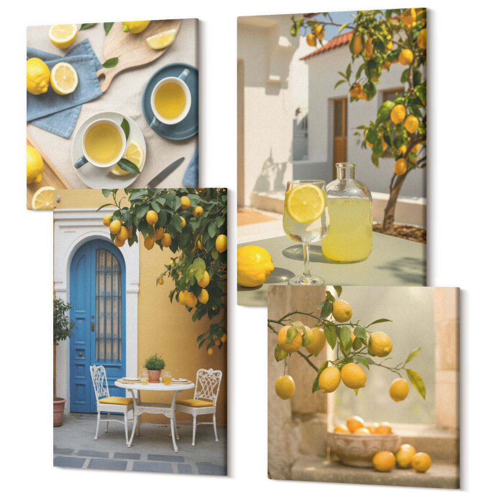 Sada obrazů na zeď kvadryptych Citronová limonáda modré dveře letní výhled