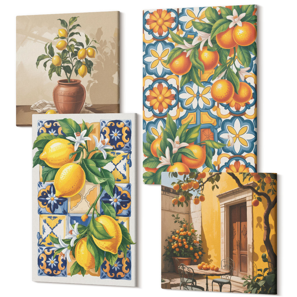 Sada obrazů na zeď kvadryptych Citronové a pomerančové květy v barevných vzorech
