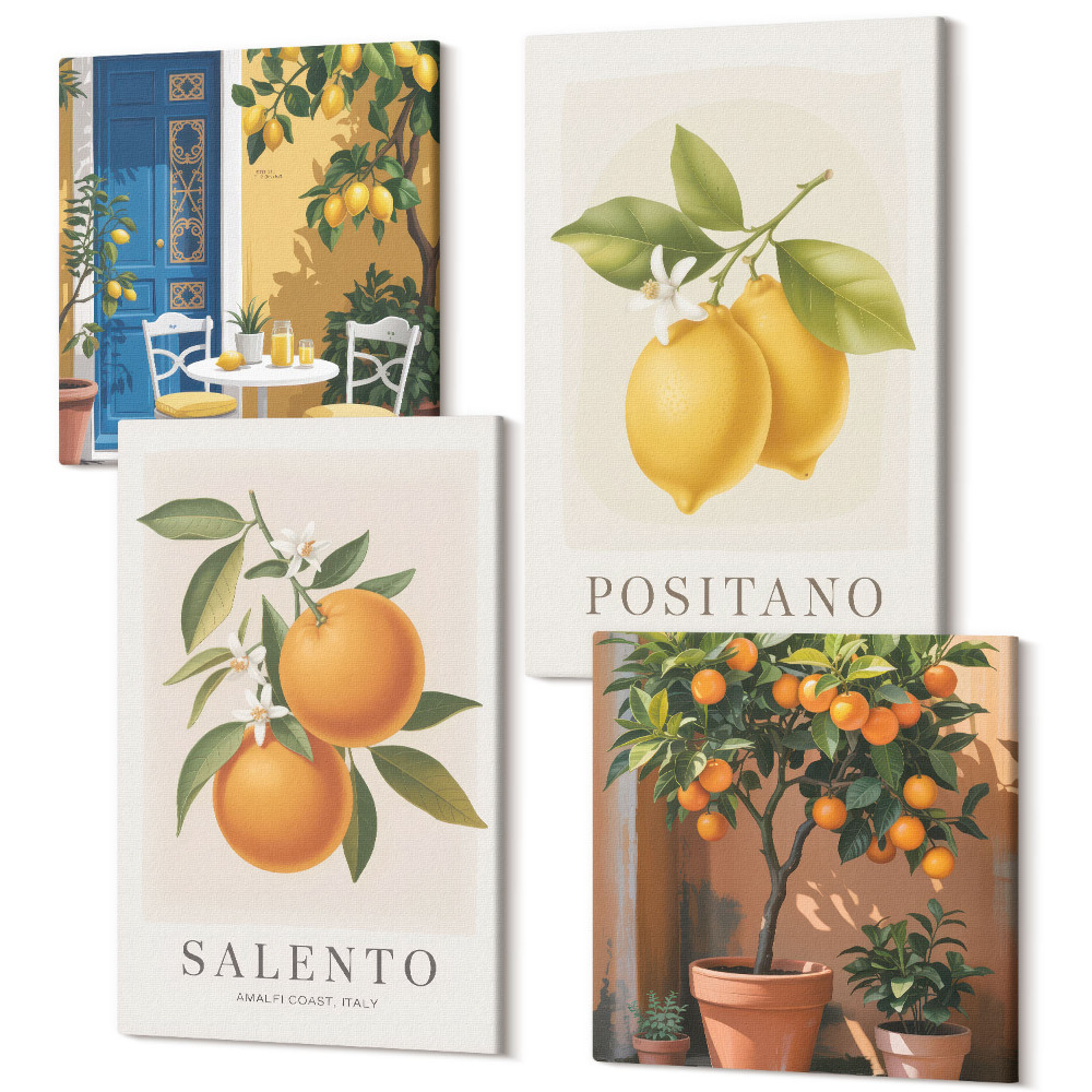 Sada 4 obrazů Citrony a pomeranče, město na italském pobřeží Amalfi