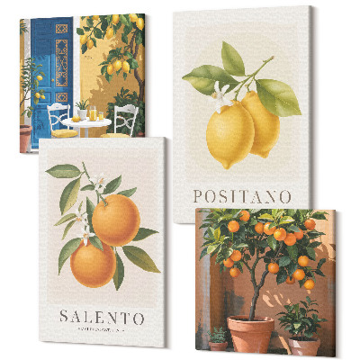 Sada 4 obrazů Citrony a pomeranče, město na italském pobřeží Amalfi