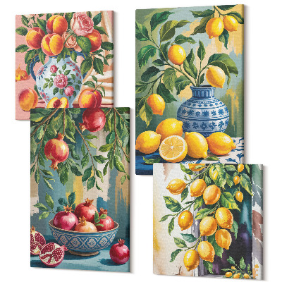 Sada obrazů kvadryptych Ovocné kompozice s granátovými jablky, citrony a broskvemi