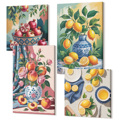 Sada 4 obrazů Malované květiny a ovoce ve vázách