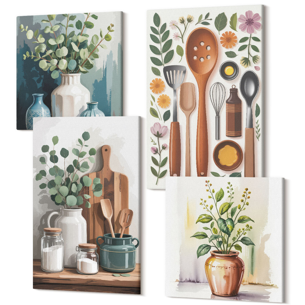 Sada obrazů kvadryptych Kuchyňské doplňky s rostlinami v moderním stylu