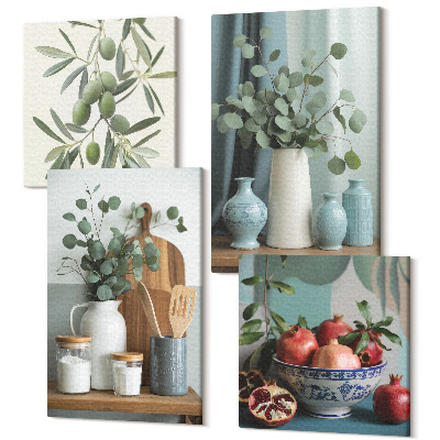 Sada 4 obrazů Estetické zelené olivy a větve eukalyptu