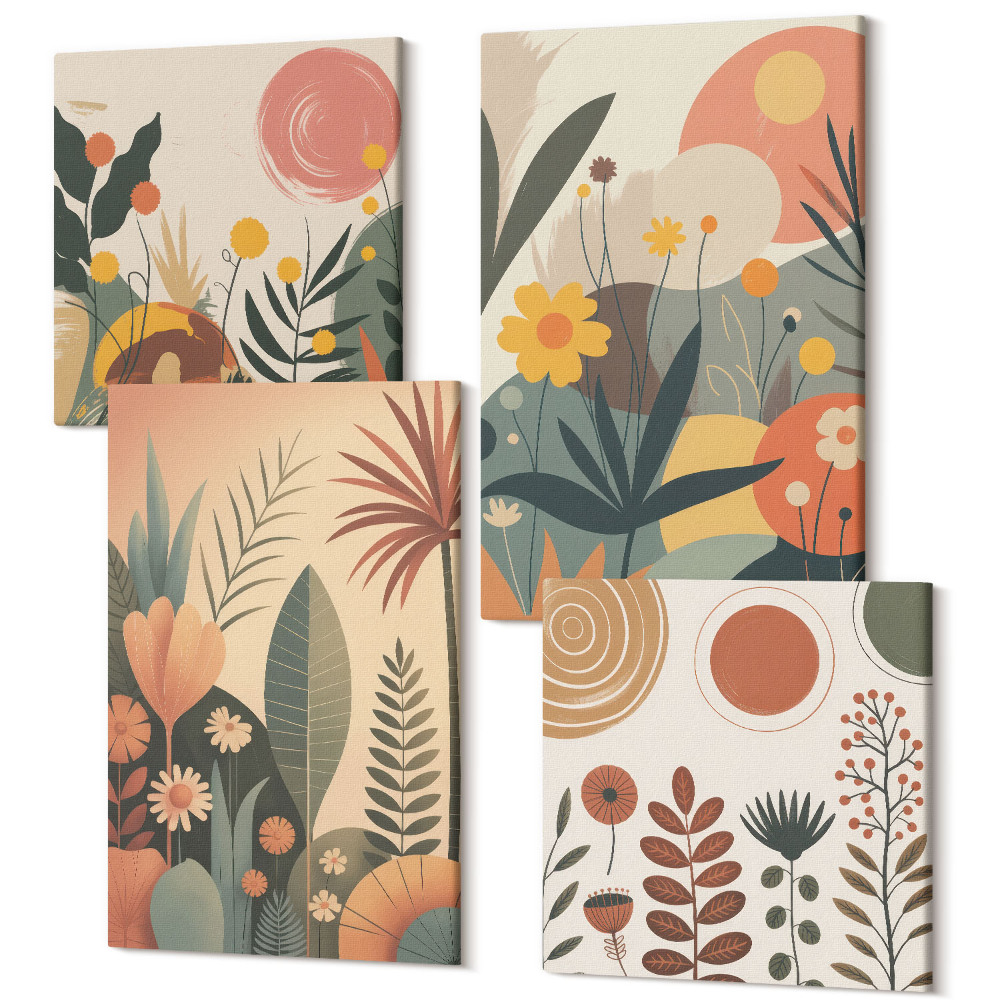 Sada obrazů na zeď kvadryptych Boho rostlinné vzory v teplých odstínech s přirozeným dojmem