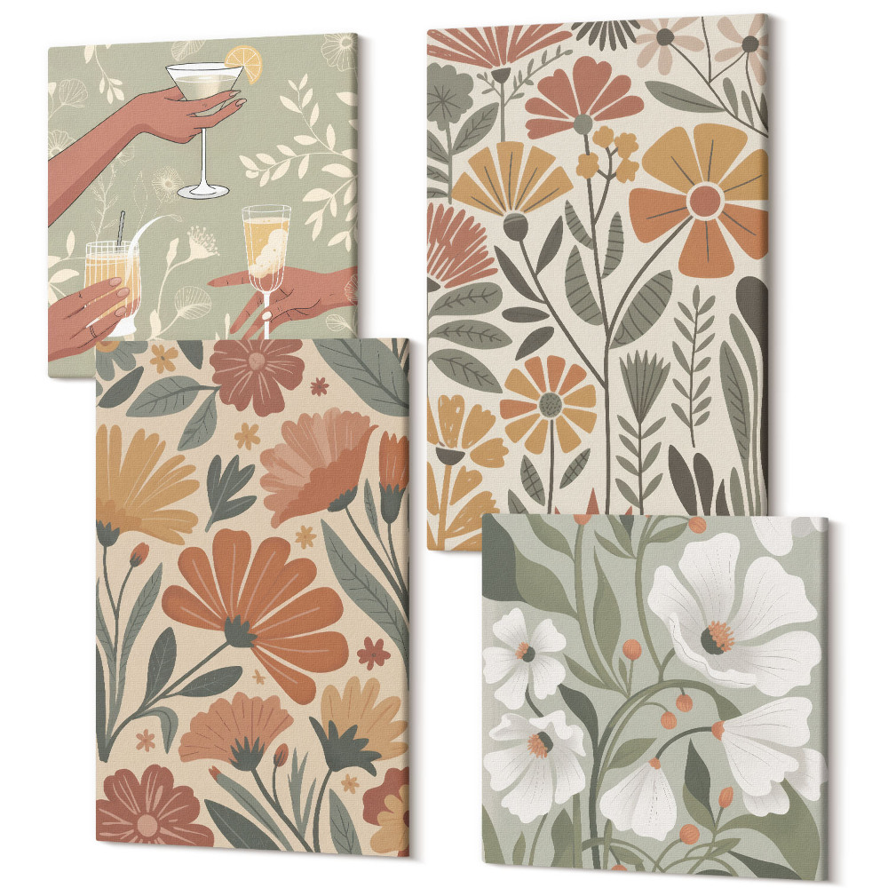 Sada 4 obrazů Květinové vzory v odstínech oranžové a zelené