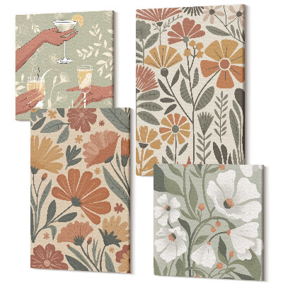 Sada 4 obrazů Květinové vzory v odstínech oranžové a zelené